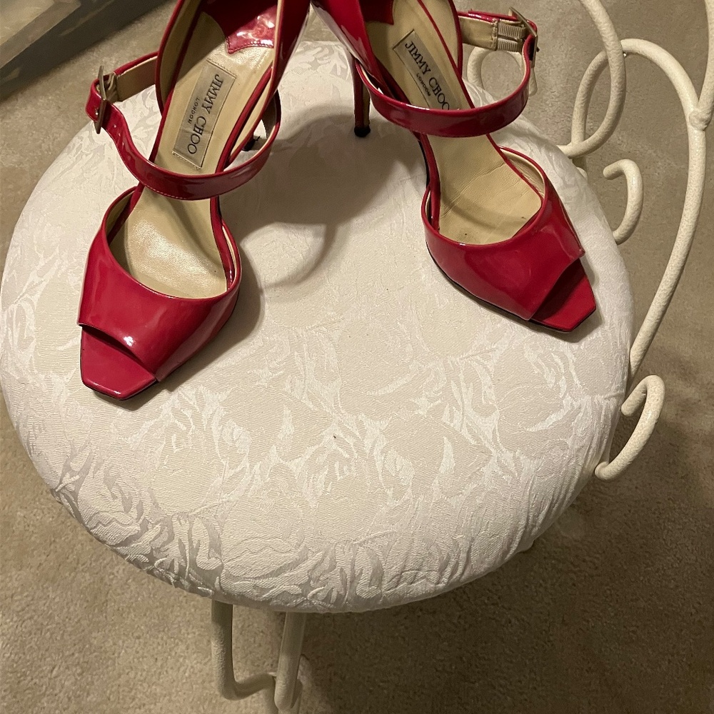 Jimmy Choo Pink Paten Leather Peep Toe High Heeled Shoes